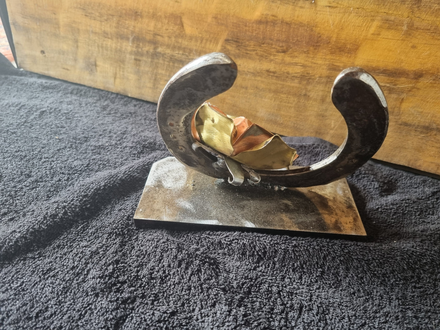 Brass & Copper Rose on Horseshoe Sculpture