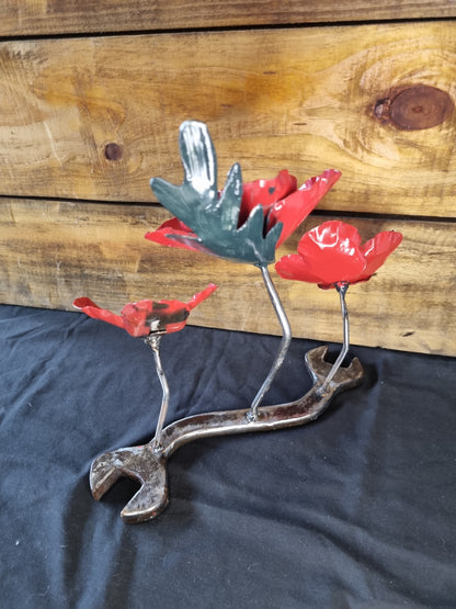 3 Poppies on a Spanner – A Bold Tribute in Reclaimed Metal