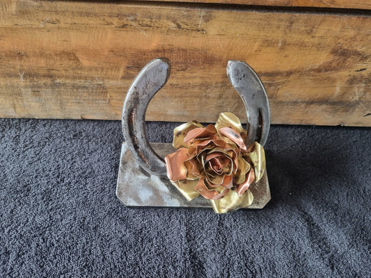 Brass & Copper Rose on Horseshoe Sculpture