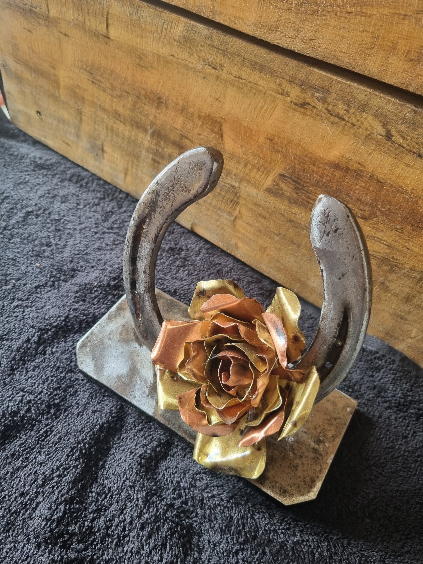 Brass & Copper Rose on Horseshoe Sculpture