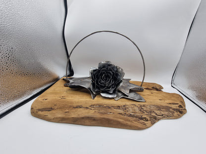 Rose & Ivy on Wood – Upcycled Metal Art