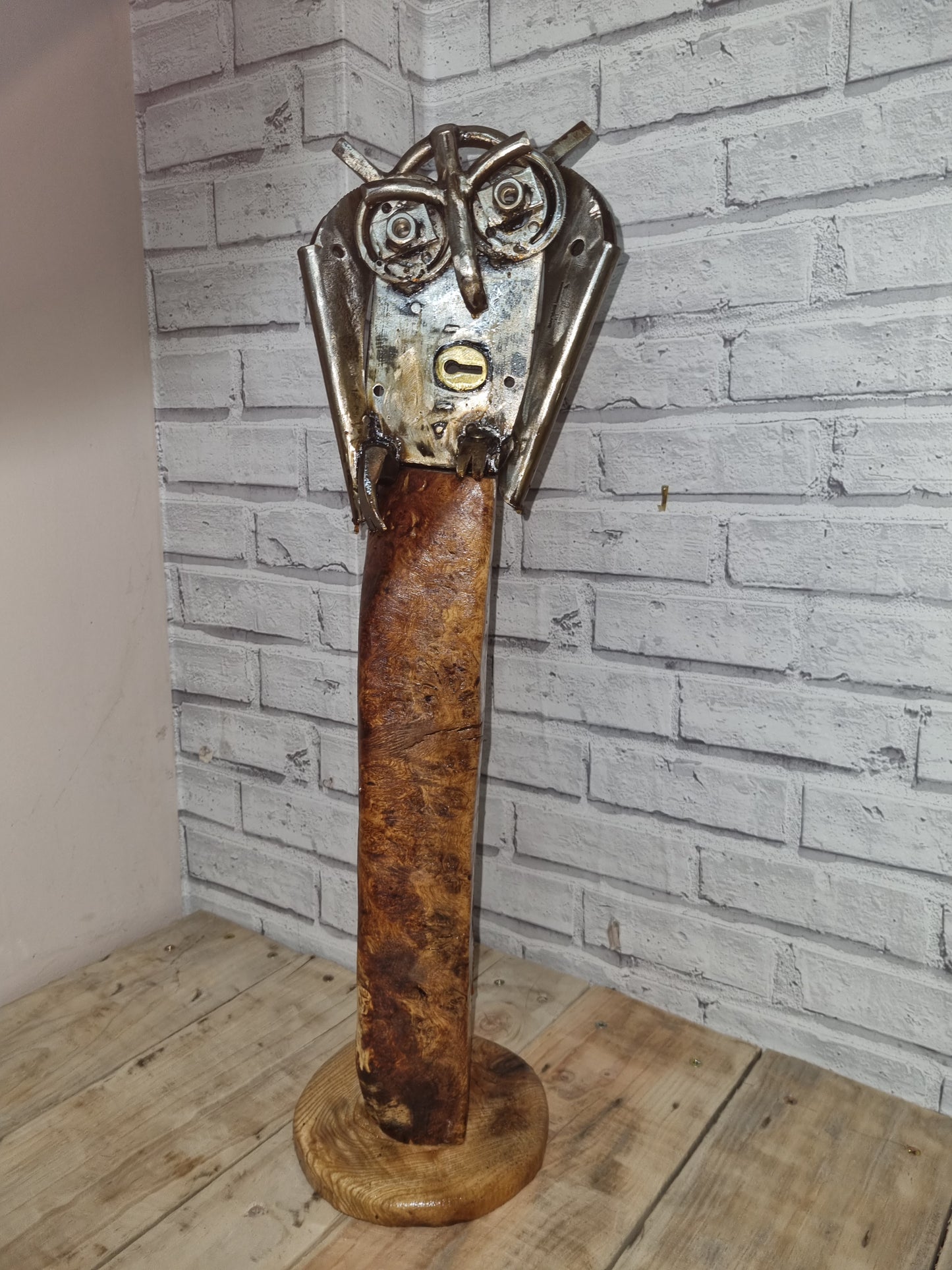 Reclaimed Metal Owl on Wooden Base