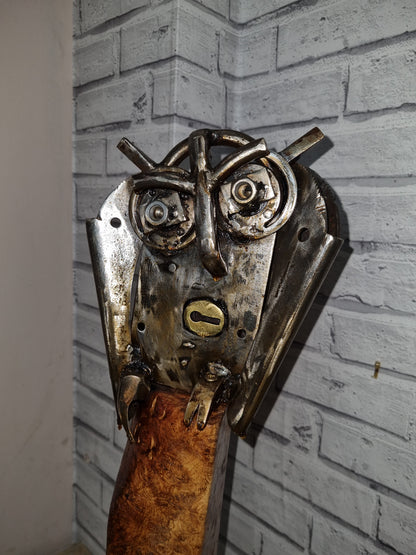 Reclaimed Metal Owl on Wooden Base